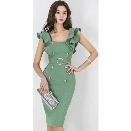 Vadim Limited Polyester Summer Dress 2019 Summer New Dress Bean Slim Square Collar Sleeves Ol Temperament Package Hip Woman