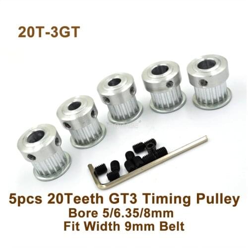 POWGE 5pcs 20 Teeth 3GT Timing pulley Bore 5/6.35/8mm Fit GT3 Synchronous Belt W=9mm 20T 20Teeth 3GT Timing Belt Pulley
