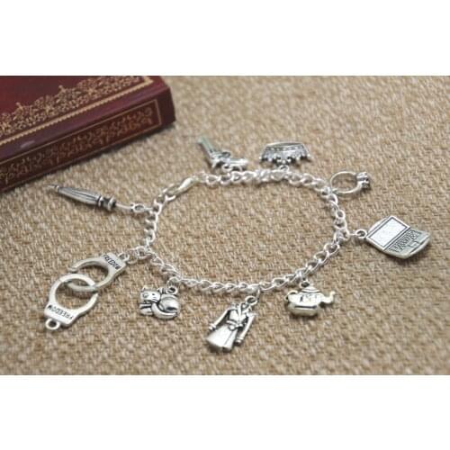 12pcs Sherlock inspired charm bracelets Sherlock characters themed charm bracelet silver adjustable