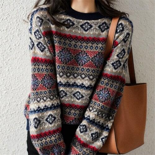 2020 cashmere sweater women loose round neck sweater outer wear Korean jacquard lazy sweater