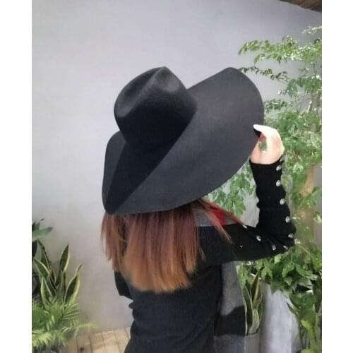202008-naonao-British style 16cm big wind brim bowknot black wool lady fedoras cap women leisure holiday hat