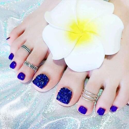 24pcs New Charming Leopard Pattern Blue press on toenails Tips Detachable Full Cover Square Women Summer False nail for foot