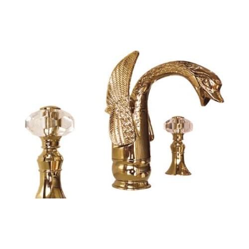 Free shipping Gold finish 3pcs swan sink faucet 8 inch widespread lav sink mixer faucet crystal handles Tap