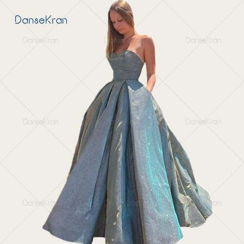 Sweetheart Sparkly Prom Dresses 2020 Glittery Strapless Evening Dresses With Pockets Lace Up Back A-line Formal Party Gowns