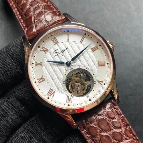 Top Skeleton Original tourbillon Watch Men Crocodile Leather Mechanical Wristwatch Mens ST8000 movement Watches 5ATM