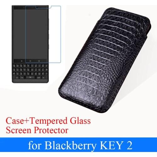 For Blackberry KEY2 Luxury Genuine Leather Phone Pouch + Tempered Glass Screen Protector for Blackberry Key 2 KeyTwo Case Bag
