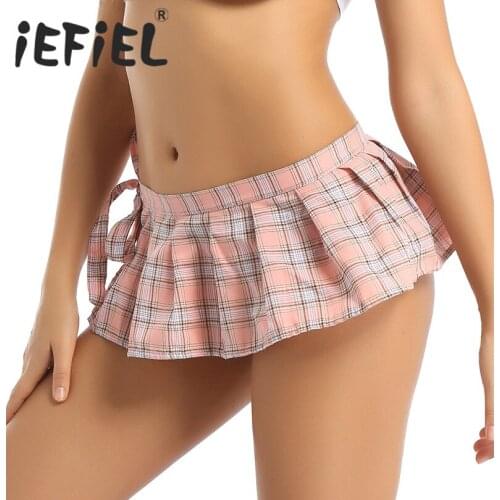 Women Japanese School Girls Sexy Costumes Lace-up Plaid Pleated Skirt Ruffle Miniskirt Cosplay Role Play Lingerie Night Costumes