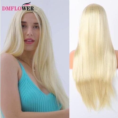 DMFLOWER-Synthetic Hair Lace Front Wig Ladies Long Straight Blond Wine Red Hair Brown Root Heat-resistant Fiber