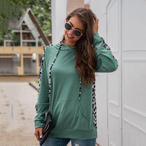 Elegant Green Top Casual Slim Leopard Spliced Autumn Sport Hoodies Long Sleeve Hooded Pull rope Basic Pullover Sweatshirt Pocket
