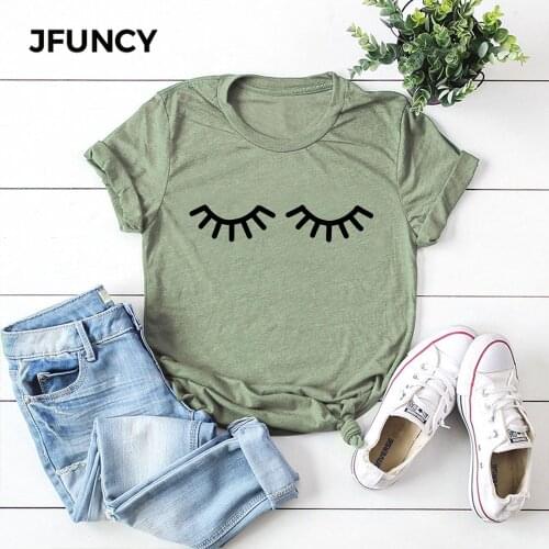 JFUNCY Plus Size Funny Eyelashes Printed T-shirt Women Cotton Tshirt Summer Tees Tops Short Sleeve Woman T Shirt Female Shirts