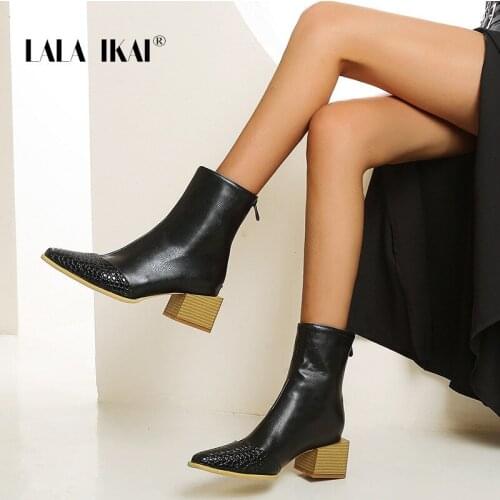 LALA IKAI Boots Women Autumn Winter 2020 Patchwork Ankle Boots High Heels Short Boots Square Heels Womens Booties XWC10300-4