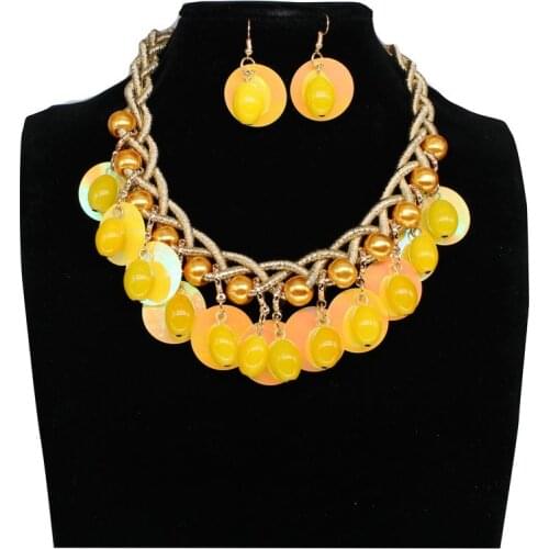 Fashion graceful acrylic beaded handmade woven bridal wedding statement costume earring necklace jewelry sets