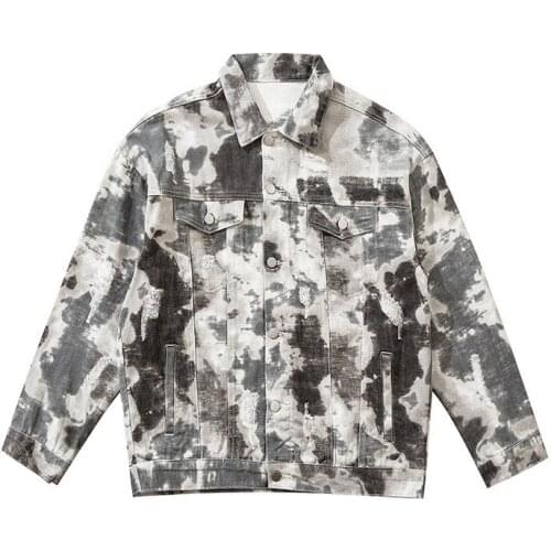 Mens Hi Street Camouflage Ripped Denim Jacket Cartoon Printed Distressed Jeans Coat With Holes Streetwear Camo Outerwear
