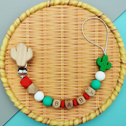 Customizable Name Hand Made Beech Silicone Letter Bear Bead Baby Pacifier Leashes Chain Toy for Infant Rope Bite Teether Gift
