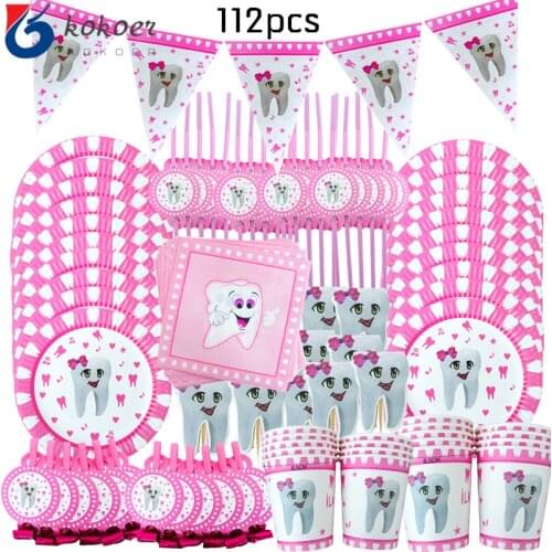 112pcs Pink Teeth Disposable Tableware Girls First Birthday Party Decorations First Teeth Towel banner Plates cup Straw blowout