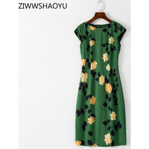 ZIWWSHAOYU Summer Runway Fashion Women Knee-Length Dresses Yellow Rose Print A-Line Sleeveless O-Neck Elegant Dresses Vestidos