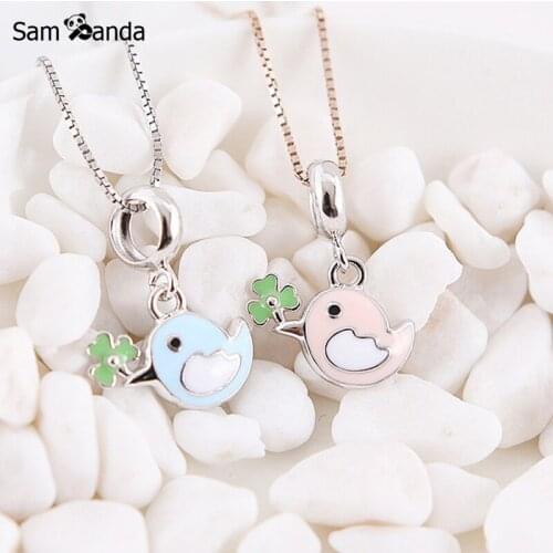 Real 925 Sterling Silver Enamel Lovely Bird Animal Charm Pendant Fit Pandora Bracelets Necklaces For Girl DIY Jewelry