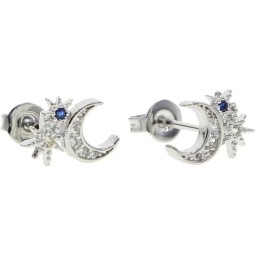 100% 925 sterling silver minimal delicate sparking bling clear blue moon star cz mini small star stud earrings for women girls