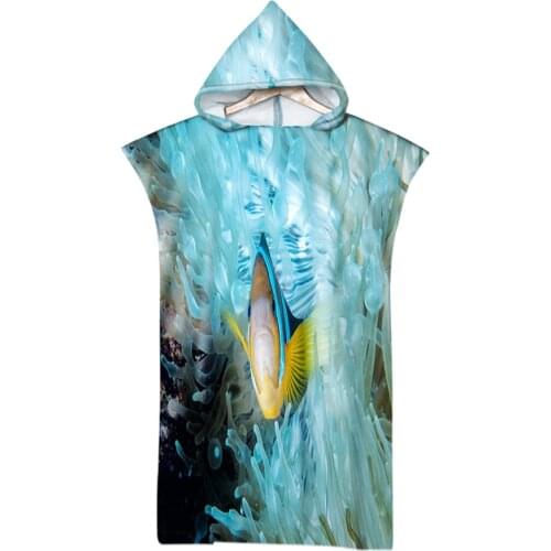 Blue Marine Life Colorful Fish Ocean Printing Outdoor Adult Hooded Beach Towel Poncho Bathrobe Towels Women Man Bathrobe