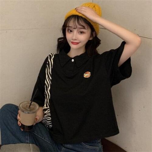 Cartoon Embroidered Loose Tshirt Female Korean Harajuku Womens T-shirts Tops Japanese Kawaii Ladies Ulzzang Clothes For Women