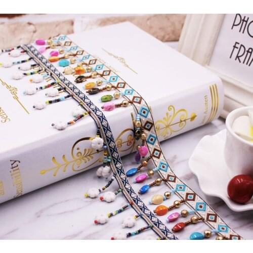 Embroidery ethnic jacquard webbing woven tape bead fringe lace trim ribbon 4cm tribal boho DIY zakka accessory native gypsy jean