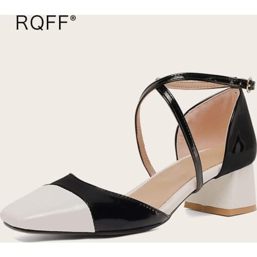 Women Summer Sandals Plus Large Size 44 45 46 47 48 49 50 Handmade Square Toe Block Heels Cross Buckle Mixed Dress Ladies Shoes