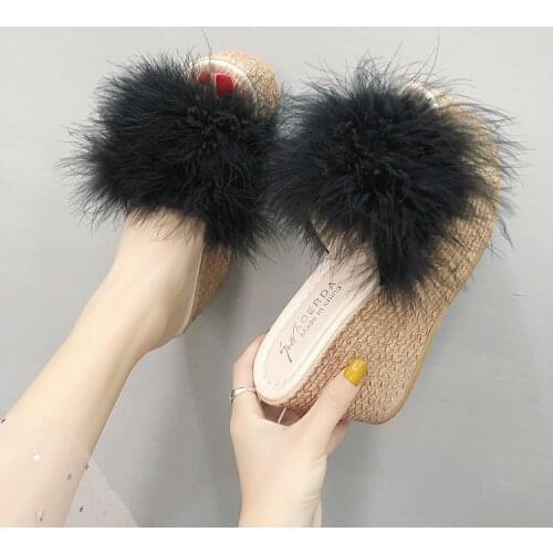 9cm Heels Slides Womens Shoes Woman Slippers Faux Fur Slides Wedge Platform Women Shoes Beach Sandals