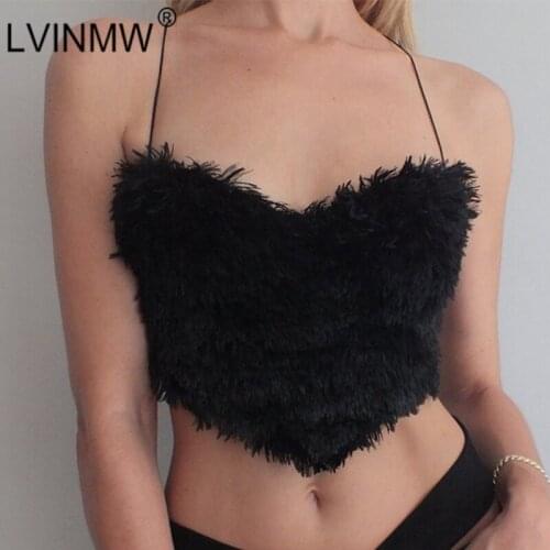 LVINMW Furry Back Crossed Lace Up Slim Sleeveless Tank Tops Women Irregular Solid Fashion Novelty Sexy Crop Top Club Party