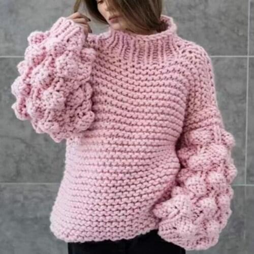 High Street Hand-woven Lantern Sleeve Winter Sweater Women Solid Thick Pullover Ladies Long Sleeve Warm Knitted Pullovers