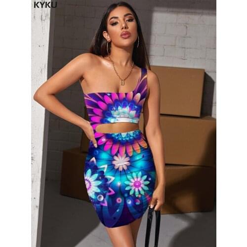 KYKU Flower Dresses Women Colorful Bodycon Dress Dizziness Pleating Art Hollow out Dresses Womens Clothing Summer Vintage Beach