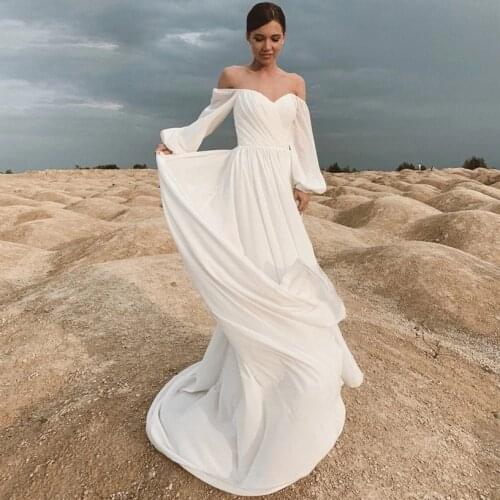 Simple Beach Wedding Dresses for Women 2021 Off the Shoulder Long Sleeve Chiffon Bridal Gowns Boho Bride Dress Vestidos De Novia