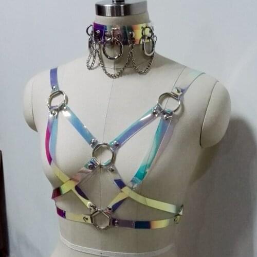 100% Handmade Harness Holographic Choker Harness Hologram Star Pentagram Rainbow Top Bra Bondage Waist Belt Straps