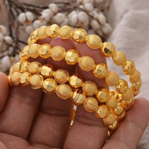4Pcs/lot Bead Bangle Ethiopian Gold Color Bangles For Women Dubai Bride Wedding Bracelet African Arab Jewelry Middle East