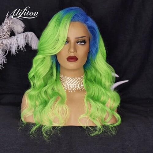 ALIFITOV Ombre Green Blue Lace Front Wigs Body Wave Human Hair Wigs Long Remy Hair For Black Women