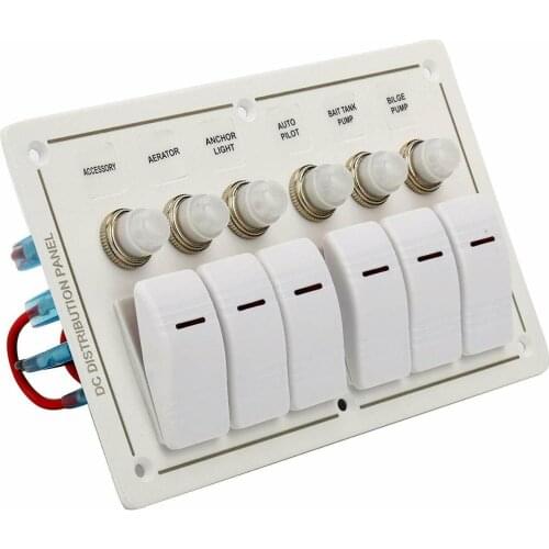 White 6 Gangs Aluminium 6 Gang Car Marine Boat Rocker Switch Panel Circuit Breaker Overload Protection for Marine Boat 12V-24V