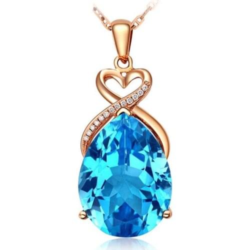Shiny Crystal Blue Water-drop Pendant Necklace Girls Jewelry Trendy Rose Gold Lady Heart O Chain Necklace Female Accessories