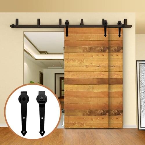 LWZH Rustic Wood Door Bypass Sliding Barn Door Hardware Kit Black Steel Arrow Shaped Track Rollers for Interior Double Door