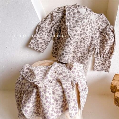 New Autumn Korean Style Baby Girls Floral Printed Blouses Ruffles Toddlers Kids Tops Puff Sleeve Children Shirts