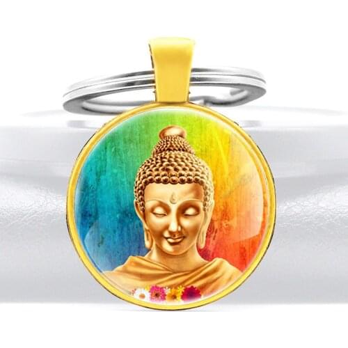 Gold Color Holy Buddha Statue Glass Dome Pendant Key Chain Classic Men Women Key Rings Jewelry Gifts Keychains