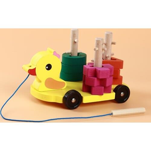 Wooden Dragging Blocks Toys Baby Duck Vehicle Blocks Set Of Column Blocks Monterssori Educational For Children