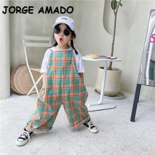 2021 Korean Style New Summer Kids Girls Overalls Green Orange Plaid Sling Pants Wide Leg Loose Style Kids Casual Clothes E2025