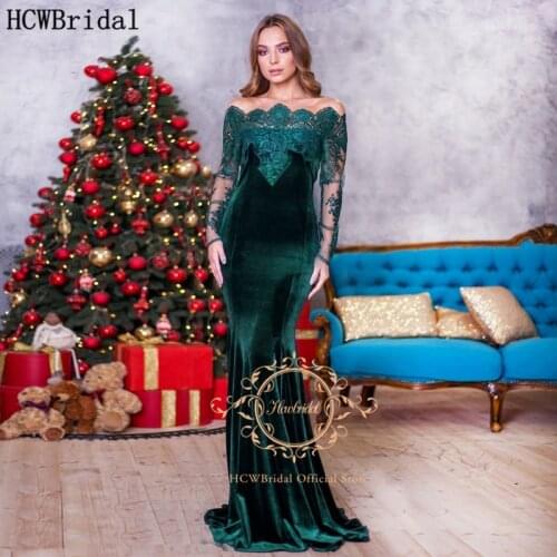Elegant Green Mermaid Velvet Evening Dress Sheer Lace Long Sleeves Sexy Prom Gowns Plus Size Women Formal Party Dresses Cheap