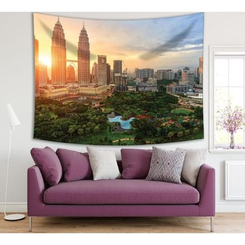 Tapestry KLCC Twin Towers and Parking Landmark of Kuala Lumpur Malaysia Skyline Cityscape at Sunrise Scenery Yellow Green Blue