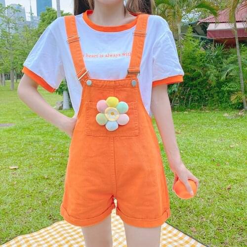 Orange Overalls Women Summer Flower Decoration Sweet Short Pant Trousers Jumpsuit Suspender Romper Playsuit Outfits Plus Size