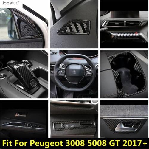 Carbon Fiber Look Interior Kit For Peugeot 3008 5008 GT 2017 - 2021 Water Cup Holder / Door Handle Bowl Cover Trim Accessories