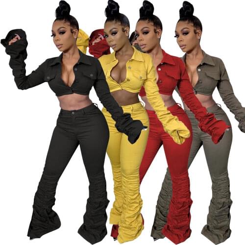 Echoine Women Solid Two Piece Set Fashion Lady Turn-Down Collar Single-Breasted Coats High Waist Bodycon Stacked Pants Outfit