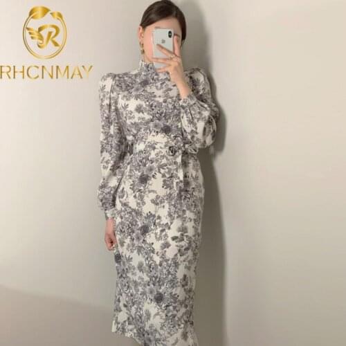 Korean version Chic Elegant stand collar Frenulum Slim Broken flower Long Dress 2021 Spring and autumn New