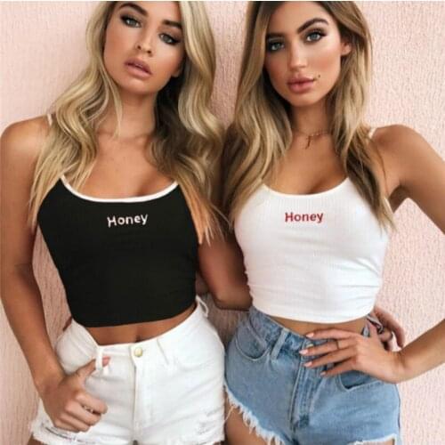 Sexy Women Crop Top 2020 Summer Honey Letter Embroidery Strap Tank Tops Cropped Ladies Elastic Shirt Vest Camisole