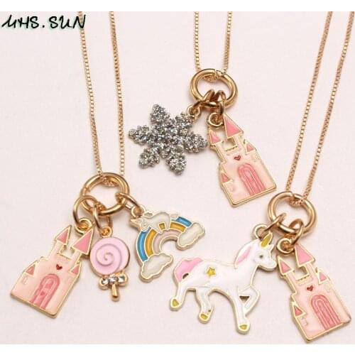 MHS.SUN Newest Kids Girls Charming Unicorn/Castle/Snowflake Pendant Necklace DIY Children Chain Necklace For Party Gift 1PC