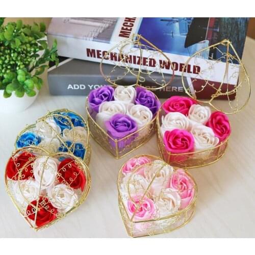 Handmade Scented Rose Soap Flower Romantic Bath Body Soap Rose with Gilded Basket For Valentine Wedding Christmas Gift LX9432